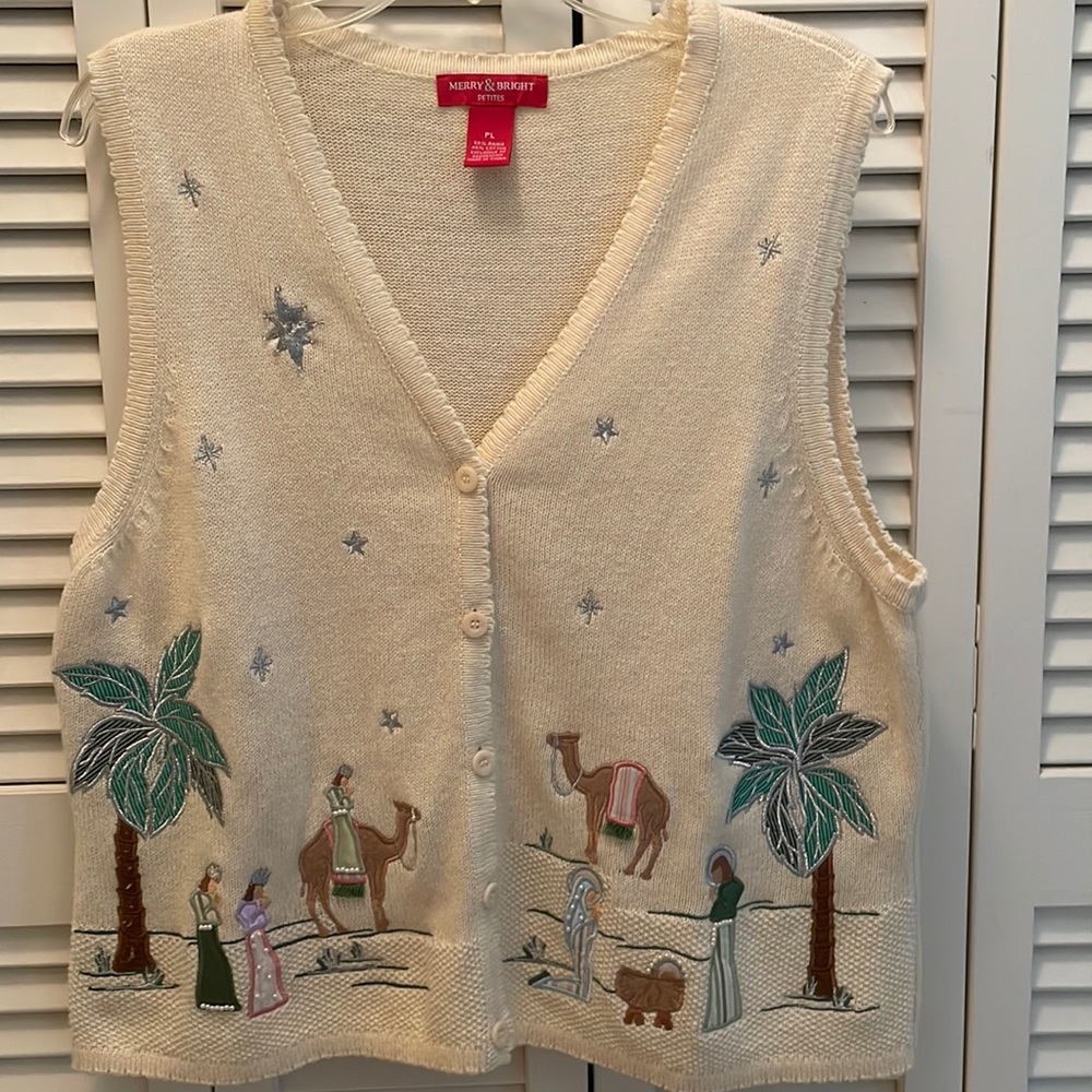 MERRY & BRIGHT.     CHRISTMAS SWEATER VEST with NATIVITY SCENE ON FRONT